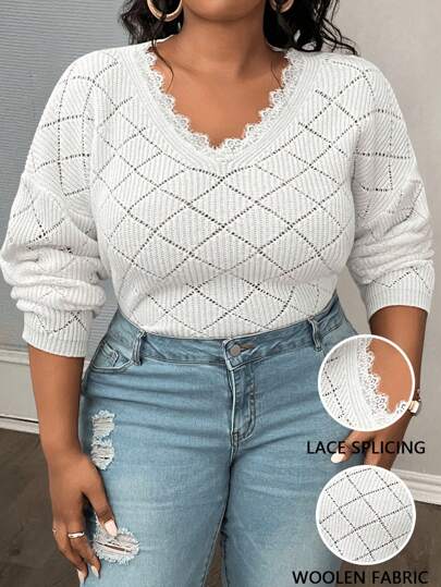 Slaydiva Áo len chui đầu dệt kim ngắn cổ chữ V màu trắng trơn thanh lịch & giản dị & hẹn hò & tiệc tùng, họa tiết kim cương cắt may ngắn cho nữ cỡ lớn, mùa thu/đông