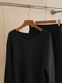 DAZY 2 件套女士休闲纯色毛衣和裙子套装，秋冬 - 黑色 - 查看 6