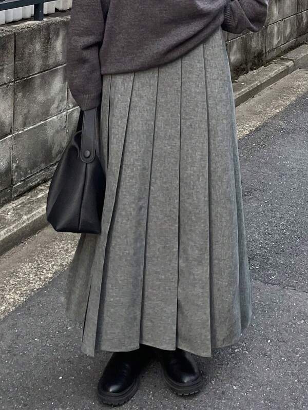 FRIFUL Women Pleated Minimalist Knee-Length Skirt, Casual Everyday Wear