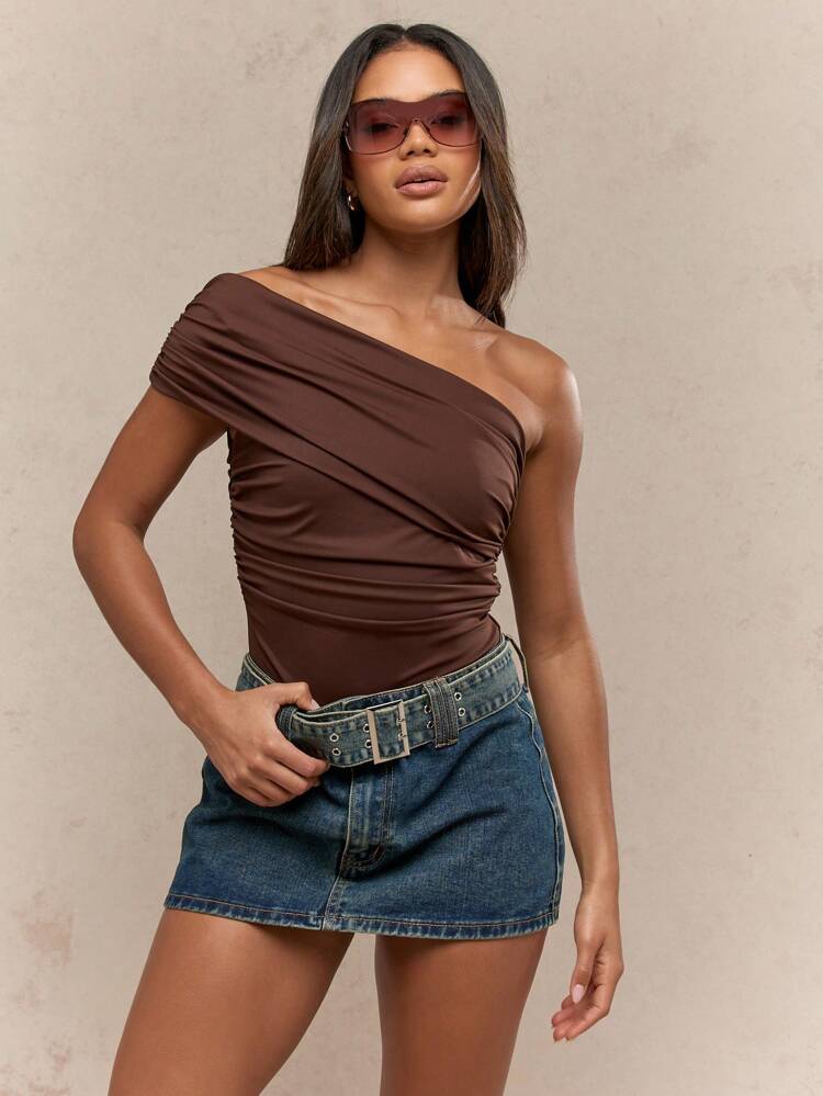 MISSGUIDED One Shoulder Ruched Bodysuit Asymmetrical Draped Club Party Elegant Fitted Evening Occasion Wear Fitted Club Bodysuit