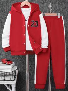 SHEIN Bộ 2 món: Áo khoác hoodie thể thao màu tương phản và quần nỉ cho bé trai tuổi teen, phong cách thường ngày - Đỏ - Xem 1