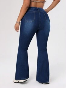 SHEIN ICON Quần jeans ống loe dáng rộng có túi dành cho nữ cỡ lớn, lót giữ nhiệt, thích hợp cho Lễ Tạ ơn và Giáng sinh. - Màu xanh lam - Xem 2