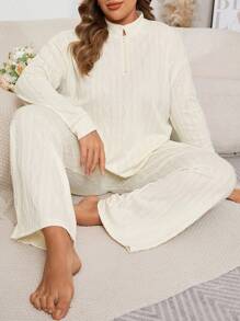 Plus Size Long Sleeve Jacquard Knit Front Zip Sweatshirt And Pants Pajama Set - Beige - View 1