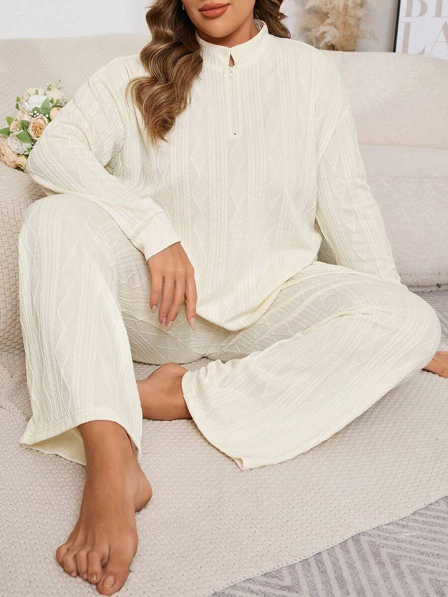 Plus Size Long Sleeve Jacquard Knit Front Zip Sweatshirt And Pants Pajama Set - Beige - View 1