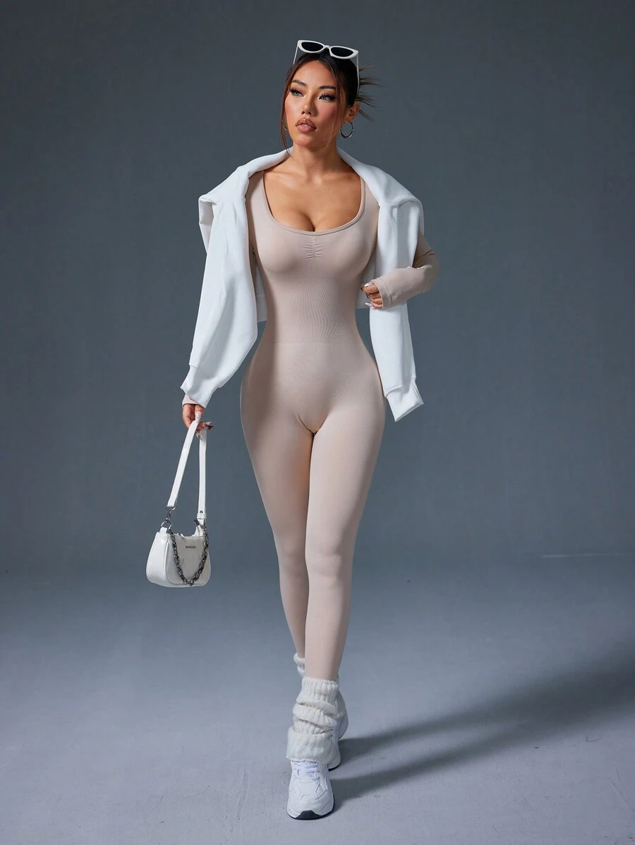 1pc Women's Fashionable Solid Color Elastic Crew Neck Skinny Jumpsuit For Sports