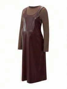 SHEIN Set de 2 piezas Top de manga larga y vestido sin mangas de maternidad - Marrón - Ver 1