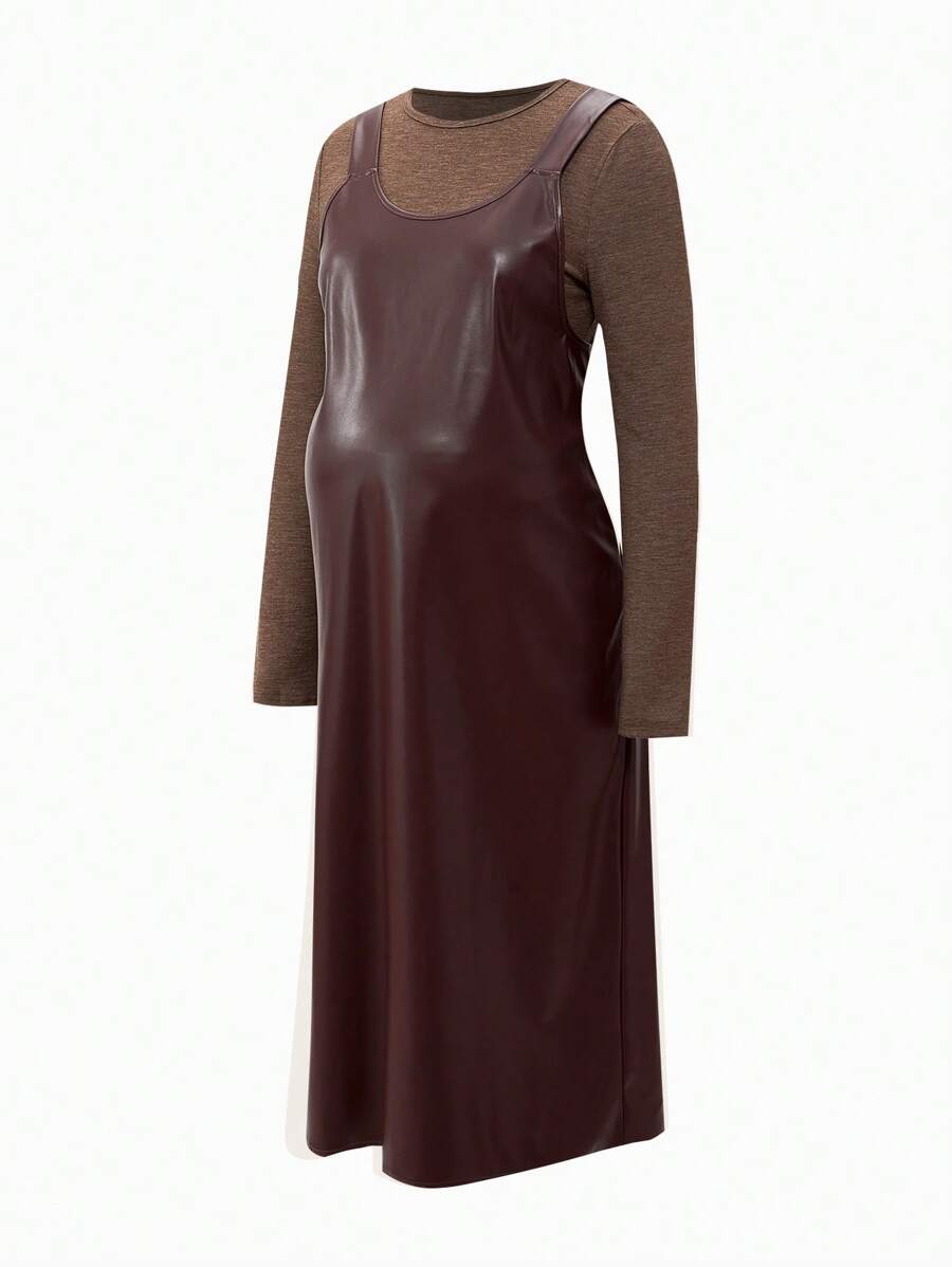 SHEIN Set de 2 piezas Top de manga larga y vestido sin mangas de maternidad - Marrón - Ver 1