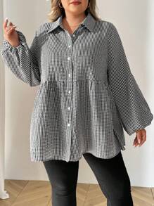 SHEIN CURVE+ Curve Plus Winter  Fall 
 Grid Pattern Lantern Sleeve Loose Cute Doll Shirt - Black and White - View 7