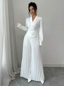 Lyxana Women Solid Color Elegant Cross Twist Top + Pleated Long Pants Set, Spring/Autumn Fall Cloth For Women - White - View 3