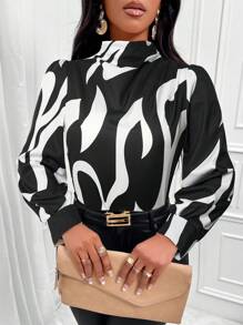 SOLERSUN Áo sơ mi dài tay cổ đứng in họa tiết toàn bộ (Họa tiết in họa tiết toàn bộ là ngẫu nhiên) - màu đen - Xem 4