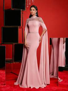 Glamrae 优雅奢华手工串珠面料拼接弹力针织长袖连衣裙，配有水晶胸罩和带拖尾的鱼尾下摆，适合婚礼、派对、毕业典礼、度假、非正式晚礼服、婚礼宾客礼服 - 粉色 - 查看 7