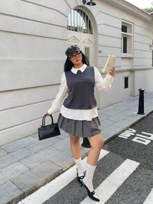 Flirla Preppy Style Campus Return Minimalist Matching Gray With White Patchwork Long Sleeve Shirt, Autumn/Winter - Grey - View 8