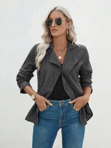 SHEIN LUNE Chaqueta de unicolor informal y de doble botonadura, adecuada para el transporte, otoño