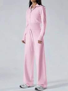 LYSMO Conjunto casual de 2 piezas de mujer compuesto por un cárdigan de manga larga con cremallera de unicolor y pantalones largos de punto, para otoño/invierno