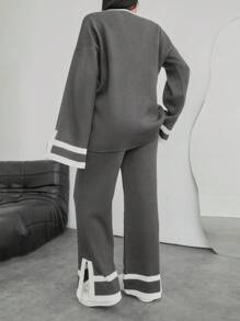 EURMUSE 1pc Contrast Trim Drop Shoulder Sweater & 1pc Knit Pants - Dark Grey - View 2
