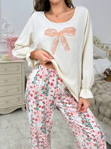 Set de ropa de dormir de 2 piezas con top y pantalones, con estampado floral y lazo de encaje de manga larga holgada