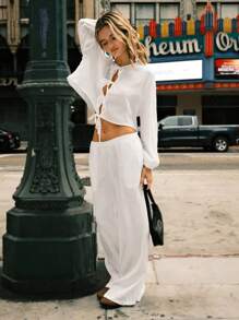 Easelle Women's Solid Color Minimalist Daily Wear Long Sleeve Top & Pants Set With Straps - White - View 3