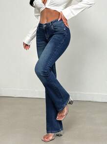 EURMUSE Fashionabla mångsidig snedficka 98% bomull tvättade Flare jeans - Mörktvätt - Visa 4