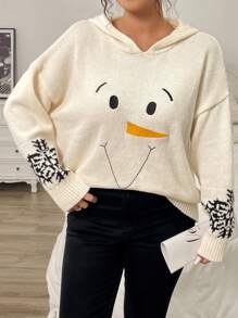 EMERY ROSE Plus Size Women Winter Crew Neck Cute Snowflake Pattern Snowman Embroidery Loose Drop Shoulder Casual Hooded Sweater Knit Pullover Fall Outfit Autumn