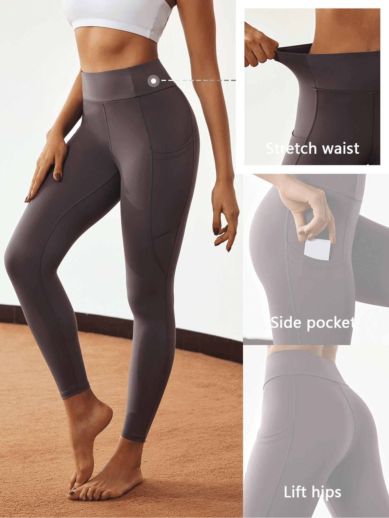 SHEIN Sports 女士高腰纯色弹力收腹紧身裤 - 灰色 - 查看 2