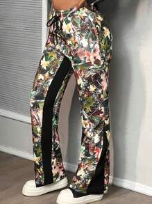 Slaydiva Pantalones informales de cintura con cordón y diseño de bloques de color con estampado de plantas - Multicolor - Ver 2