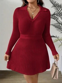 Celure Plus Size Women's Waist-Cinched Fitted Polo Collar Long Sleeve Knit Dress For New Year Clothes, For Winter - Red - View 1