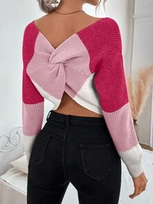 Chiquease 女士休闲优雅拼色扭纹露肩毛衣，秋冬款 - 彩色 - 查看 3