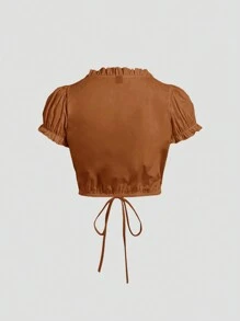 SHEIN MOD 大码女式浪漫复古荷叶边心形领口泡泡袖前抽绳褶皱衬衫 - 鏽棕色 - 查看 2