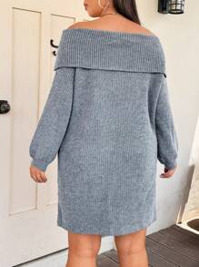 Flirla 大码纯色露肩长袖休闲短款针织毛衣连衣裙，适合冬季