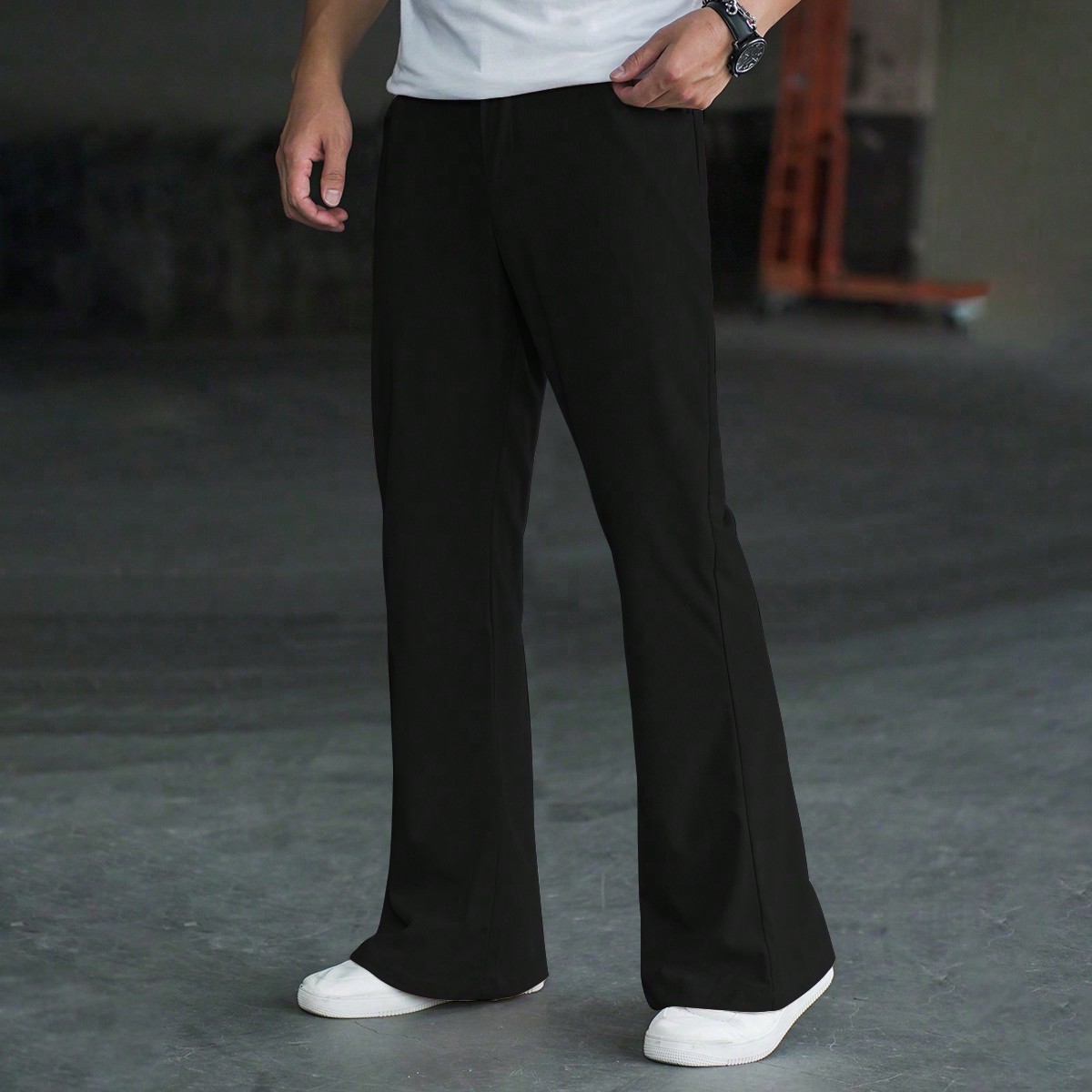 Pantalones de pana de pierna acampanada con bolsillos laterales y tiro bajo, de unicolor, para hombre, para otoño