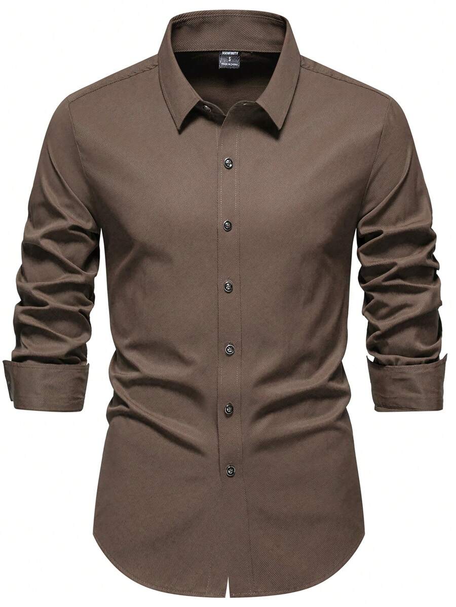 Calvornis Men's Casual Solid Color Long Sleeve Shirt, Spring & Autumn, Brown Dress Shirt Men, Dark Brown Shirt, Men Khaki Shirt, Man Brown Shirt, Men Casual Dress Shirt, For Fall - Coffee Brown - View 1