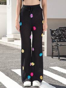 INAWLY Women's Front Tie Floral Embroidered Casual Pants - Black - View 6