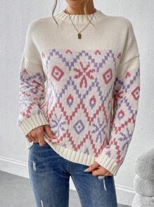 Chiquease Women Winter Cute Geo Pattern Crew Neck Long Sleeve Casual Sweater - Apricot - View 7