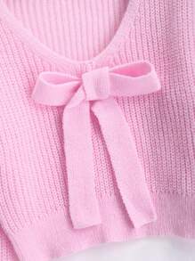 Sweetra 女士时尚百搭蝴蝶结装饰灯笼袖套头毛衣，短款针织套头衫，秋冬季 - 粉色 - 查看 3