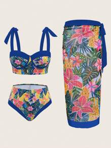 SHEIN Swim Bộ 3 Bikini Sexy In Hình Cây Cọ Cho Nữ Kèm Váy Che Mùa Hè - Nhiều màu - Xem 5