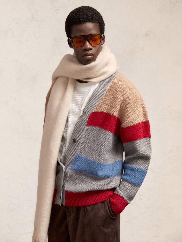 Men Loose Knit Drop Shoulder Casual Round Neck Colorblock Striped Grey Long Sleeve Cardigan, Suitable For Autumn/Winter, New Year, Christmas, Party, Drop Shoulder Chunky Cardigan, For Husband, Boyfriend Gifts