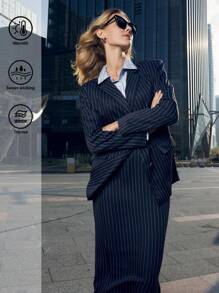 BizChic Bộ 2 quần áo vest sọc dài tay cho nữ, trang phục công sở thanh lịch, xuân/hè - Màu xanh hải quân - Xem 10