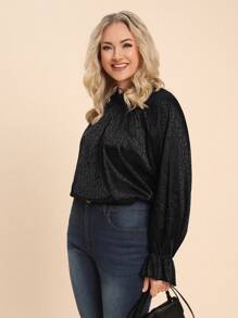 SHEIN LUNE Plus Size Women Elegant Leopard Print Ruffle Trim Round Neck Flare Sleeve Shirt, Autumn Holiday Outfit