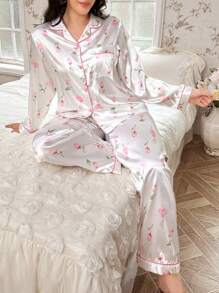 CottageSlumber Große Größen Blume Muster Faux-Seide Hemdkragen Langarm Top & Hose Pyjama Set, gemütlich und elegant, Herbst Winter Kleidung - Weiss - Übersicht 2
