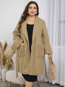 Mulvari Plus Size Mid-Length Color Block Fluffy Pocket Coat