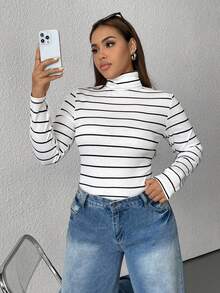 CovetEZ 秋冬季大码高领条纹针织打底毛衣 - 黑色 - 查看 6