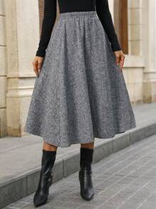 SHEIN Clasi 女士A字裙，温暖舒适，时尚百搭，修身显瘦，秋冬粗花呢女装 - 黑與白 - 查看 4