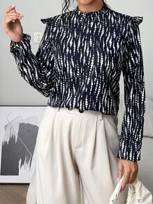 INAWLY Chemise à manches longues élégante avec col montant et imprimé tout-sur-pour femme - Noir et Blanc - Voir 5
