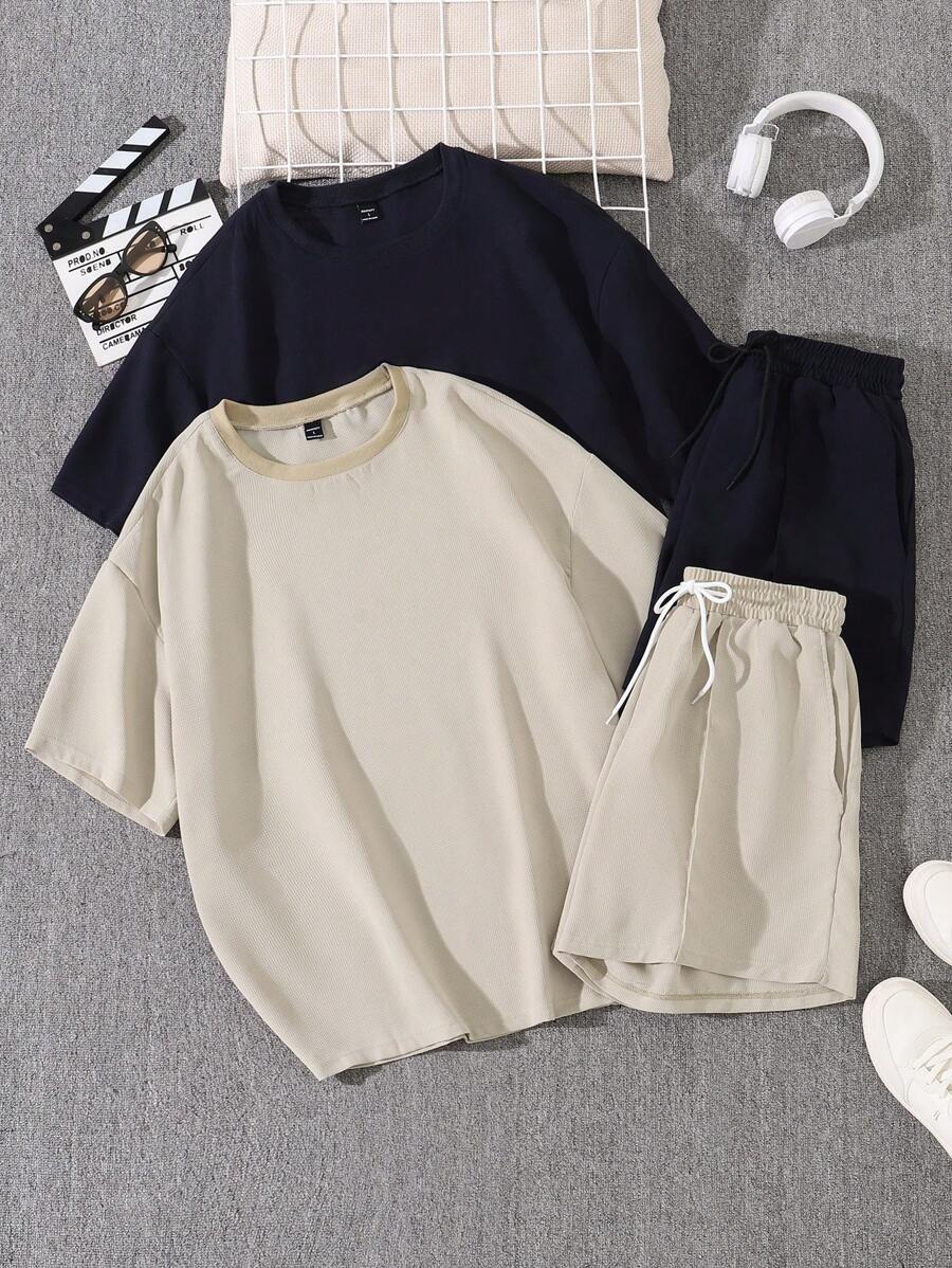 Manfinity Homme 2 件套男士纯色拼布圆领短袖上衣和裤子休闲套装 - 彩色 - 查看 1