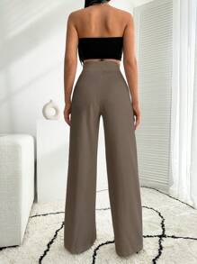 EURMUSE White Wide Leg Pallazzo Pant With Button Detail - Mocha Brown - View 2
