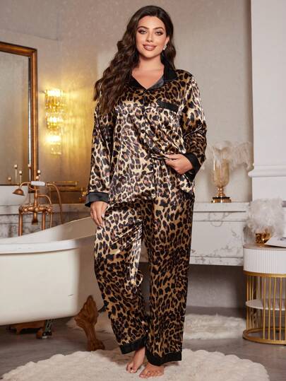 SHEIN MuseNap CURVE Plus Size Leopard Print Patchwork Satin Fabric Long Sleeve Top & Pants Pajama Set, Cozy And Elegant Details, Fall Winter Clothes