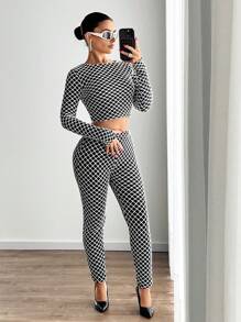 SHEIN ICON 2 件黑色网格图案 T 恤和紧身裤套装，2 合 1 服装，个性化 - 黑色 - 查看 1