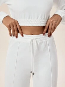 SHEIN Sports 休闲纯色落肩上衣和长裤运动套装，秋季 - 白色 - 查看 3