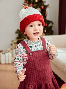 Cozy Pixies Baby Girl 2pcs Christmas Print Round Neck Long Sleeve Top And Bib Dress Set, Winter Clothes - Multicolor - View 3