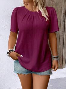 EMERY ROSE Plus Size Casual Solid Color Pleated Puff Sleeve Shirt For New Year Clothes - Red - View 6